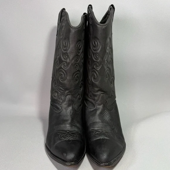Vintage Zodiac Black Leather Heeled Cowgirl Boots - Picture 4 of 14